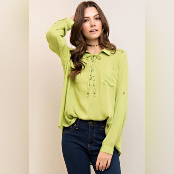 Entro | Vetiver Lace Up Crochet Back Top Lime Green New Crinkle Hi Low Medium - Picture 3 of 13